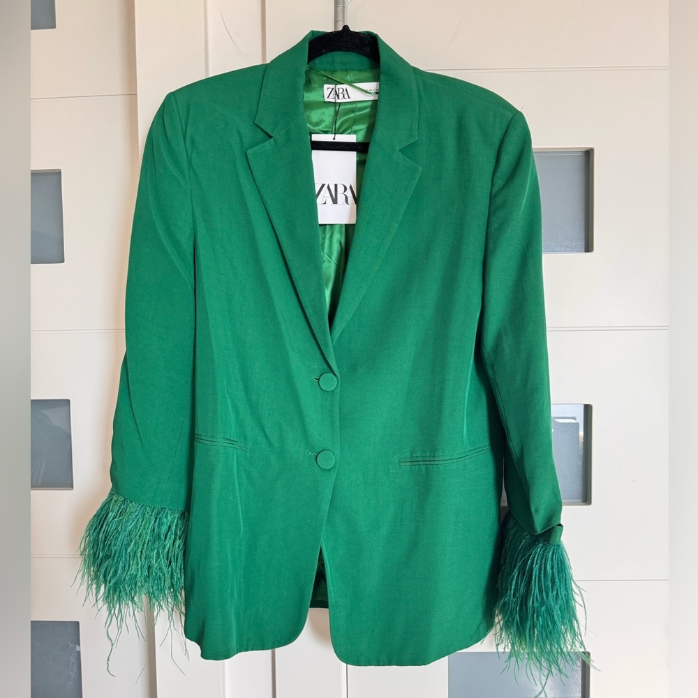 BNWT Emerald Green Party Festive Feather Cuff suit blazer jacket top dress M